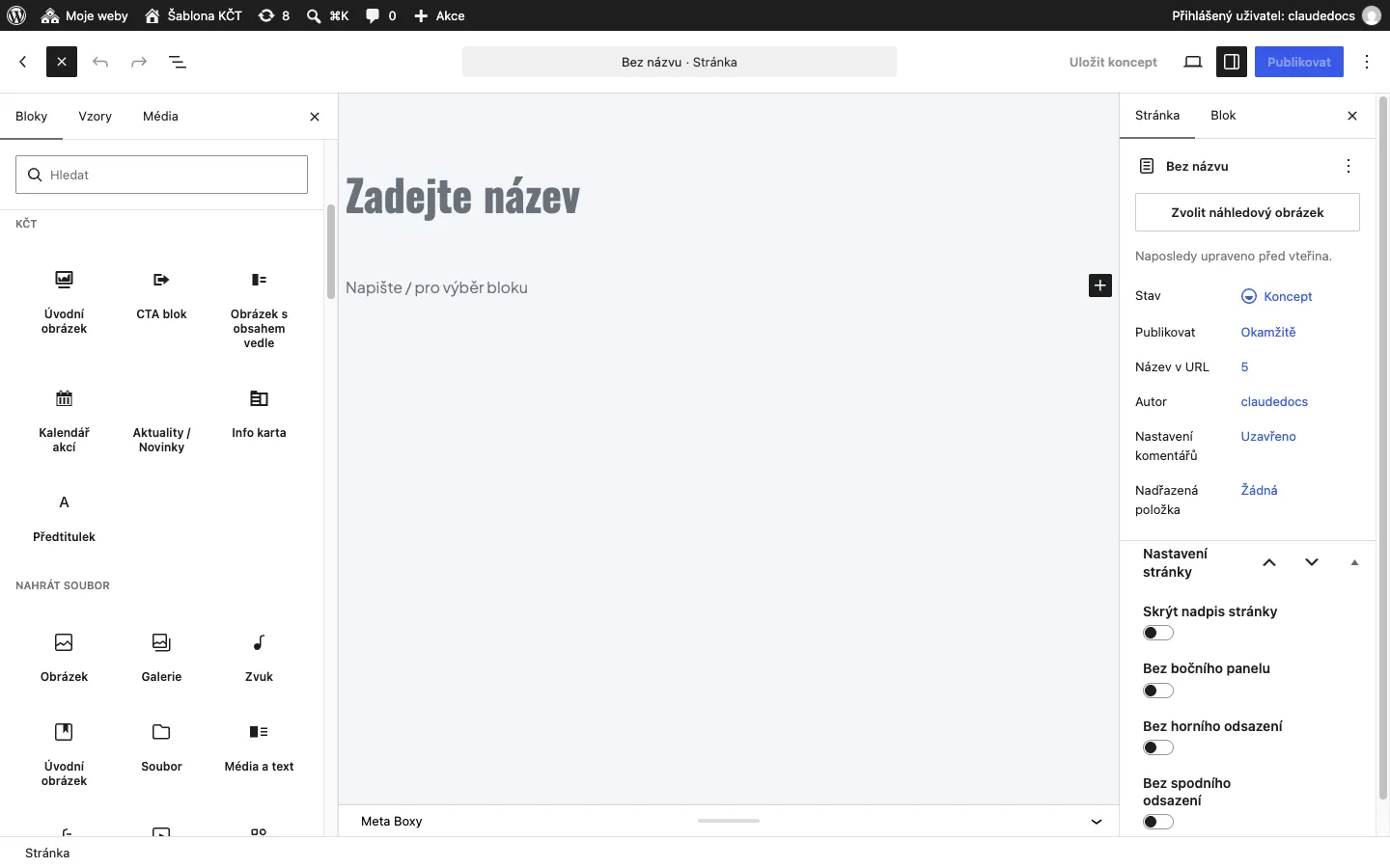 Vkladač bloků v editoru s otevřenou skupinou KČT a sedmi bloky šablony